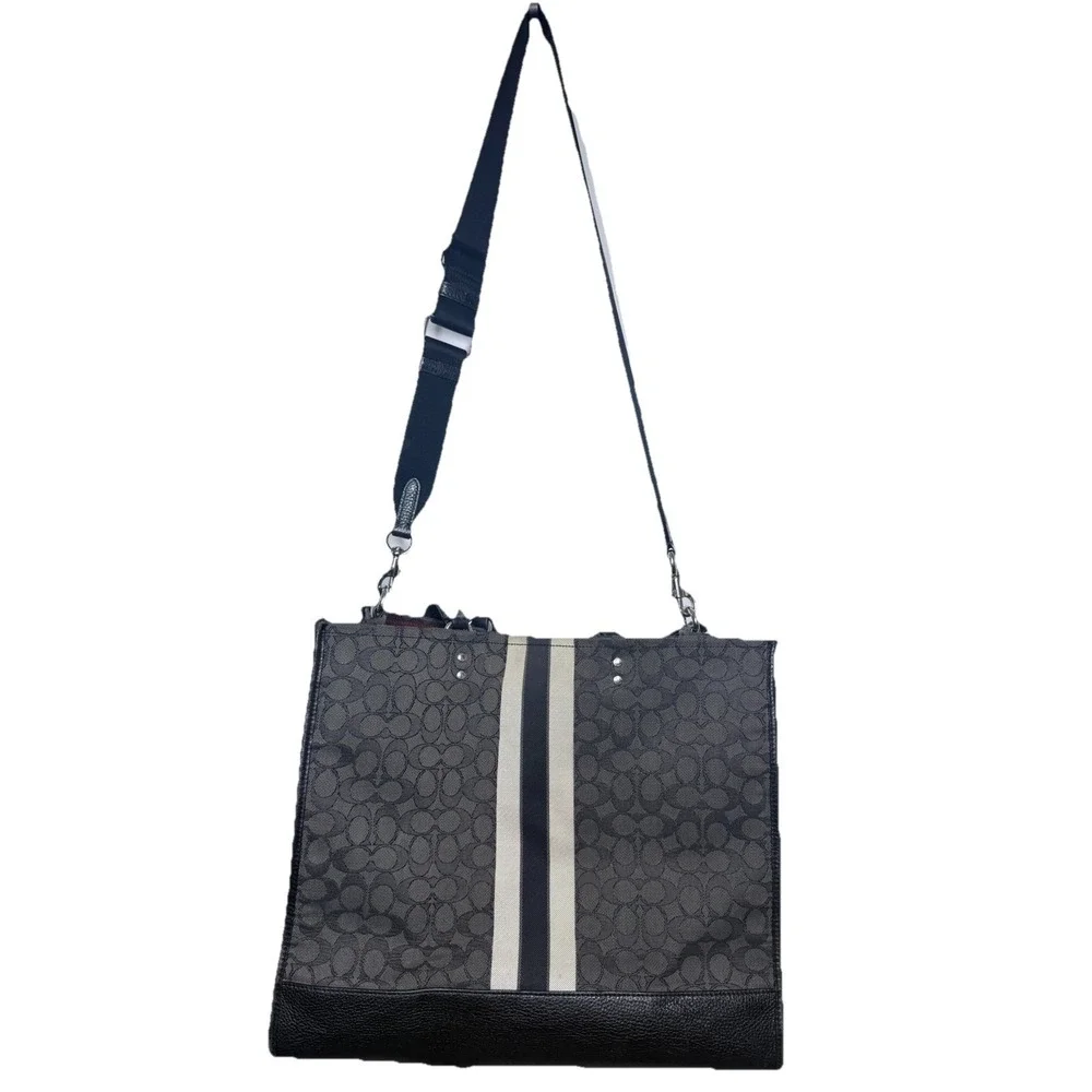 Coach Dempsey 40 Signature Stripe Tote‎ Bag Black Gray Canvas Leather C1543